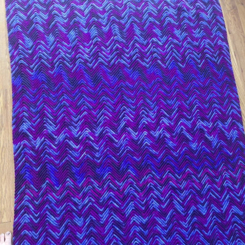 Vintage Handmade Crochet Chevron Blanket Throw Teal Purple Afghan 78x53